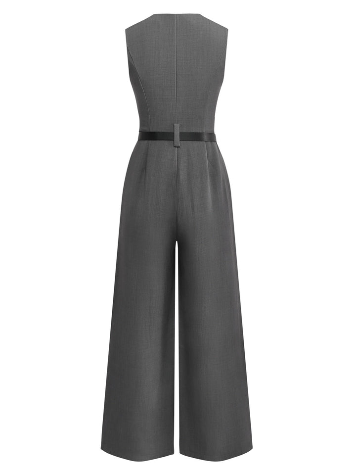 Gray 1930s Solid Sleeeless Office Belted Jumpsuit - vintage jumpsuit, retro fashion