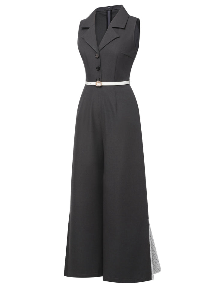 Gray 1940s V-Neck Lapel Lace-Patchwork Jumpsuit, vintage romper, retro jumpsuit - perfect for women who love vintage and retro fashion