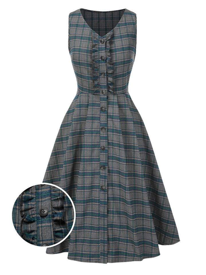 Gray 1950s Plaid V-Neck Sleeveless Ruffled Dress - vintage dress, retro fashion, rockabilly