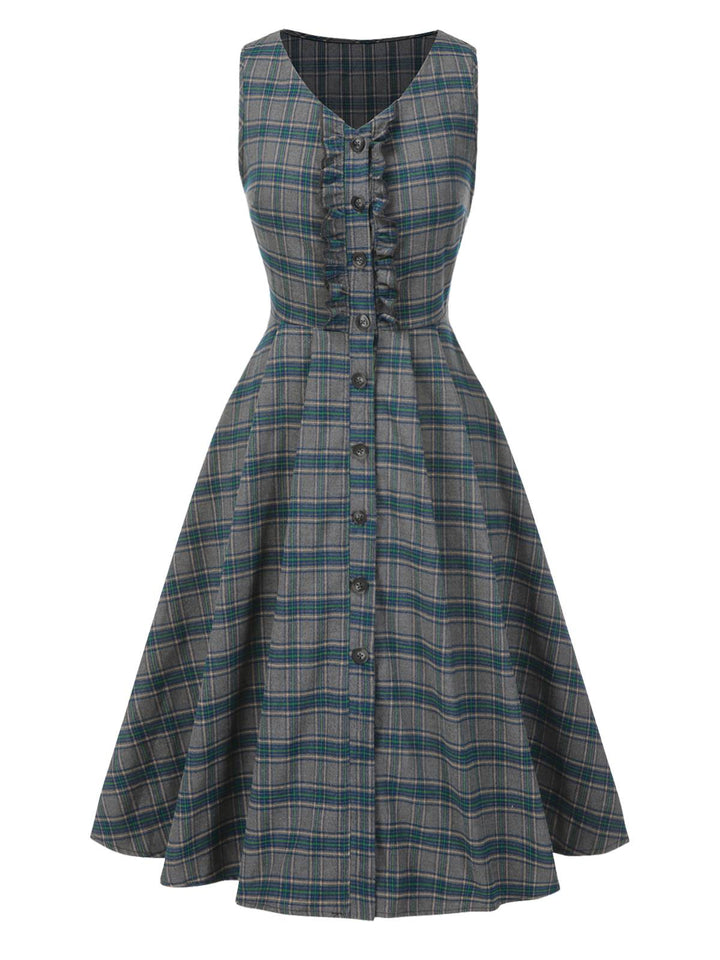 2PCS Gray 1950s Plaid Ruffled Dress &amp; Cotton Blouse, vintage dress, retro fashion, rockabilly, pin-up fashion - perfect for women who love vintage and retro fashion