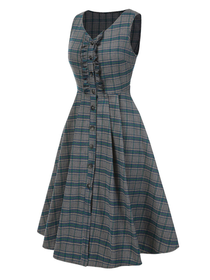2PCS Gray 1950s Plaid Ruffled Dress &amp; Cotton Blouse, vintage dress, retro fashion, rockabilly, pin-up fashion - perfect for women who love vintage and retro fashion