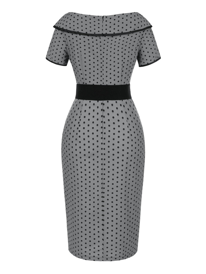 Gray 1960s Boat Neck Polka Dots Pencil Dress - vintage dress, retro fashion