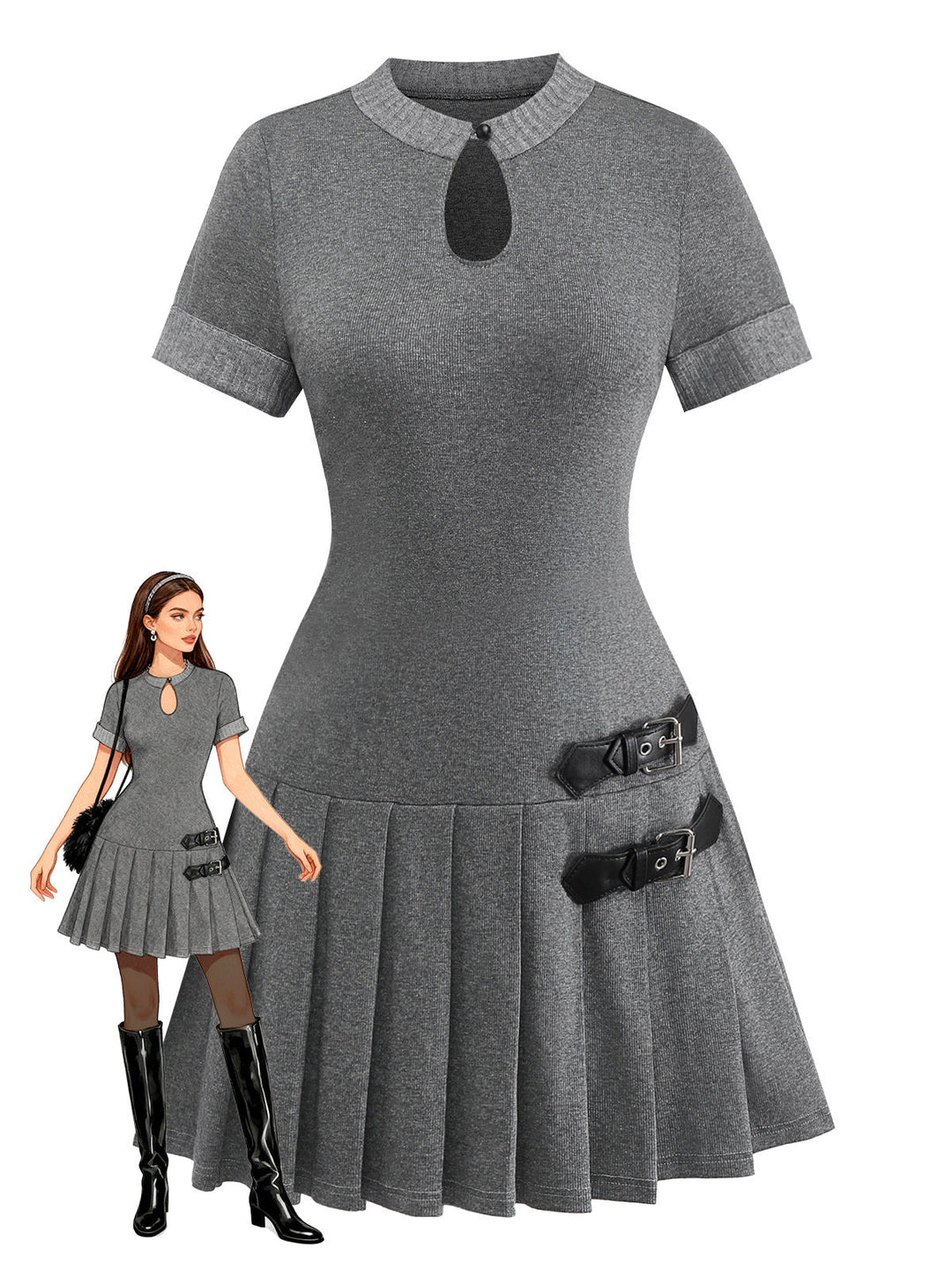 Gray 1970s Knitted Leather Buckle Pleated Dress - vintage dress, retro fashion
