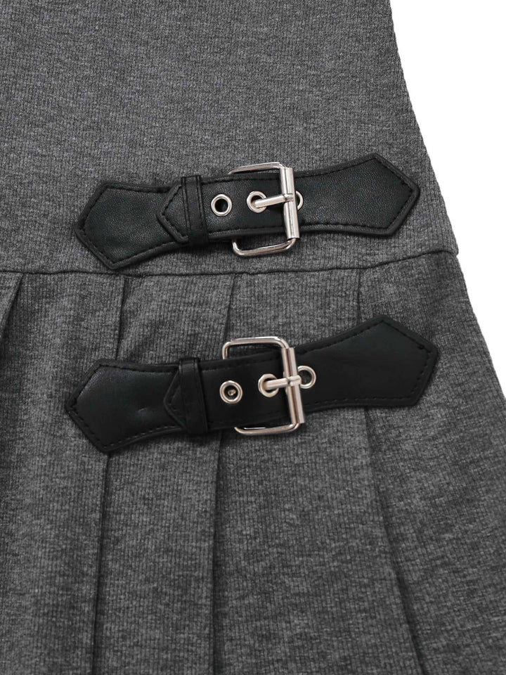Gray 1970s Knitted Leather Buckle Pleated Dress - vintage dress, retro fashion