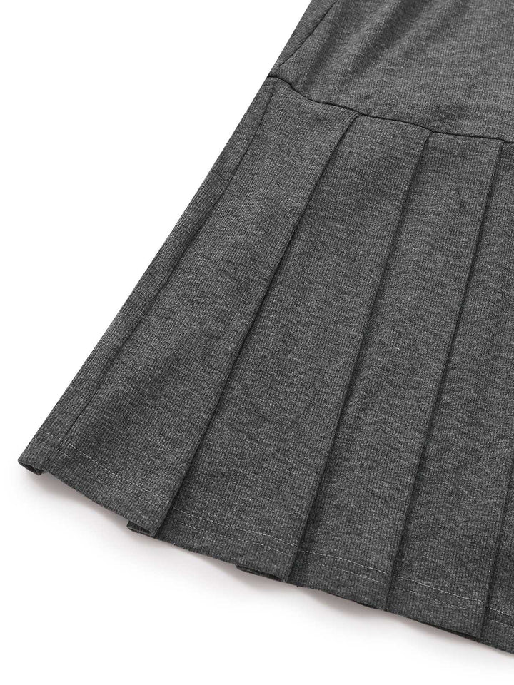 Gray 1970s Knitted Leather Buckle Pleated Dress - vintage dress, retro fashion