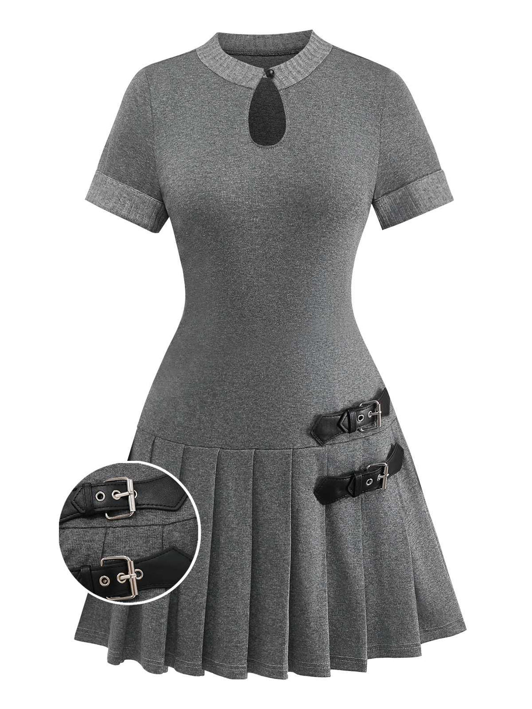 Gray 1970s Knitted Leather Buckle Pleated Dress - vintage dress, retro fashion