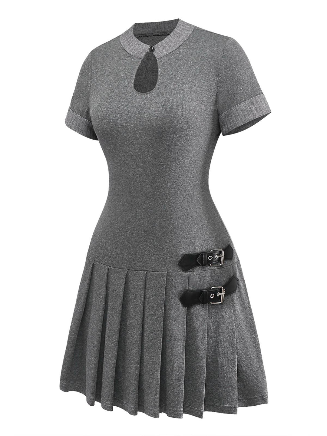 Gray 1970s Knitted Leather Buckle Pleated Dress - vintage dress, retro fashion