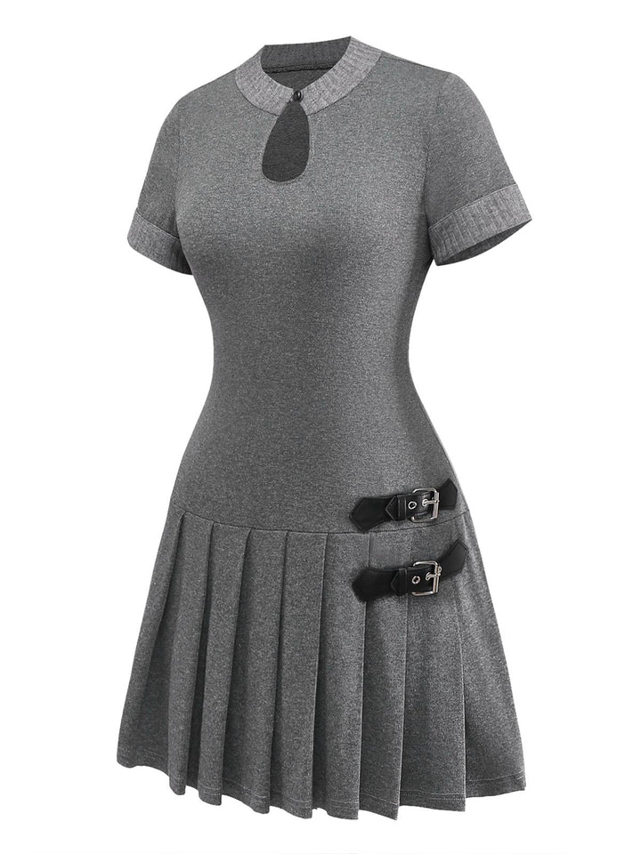 Gray 1970s Knitted Leather Buckle Pleated Dress - vintage dress, retro fashion