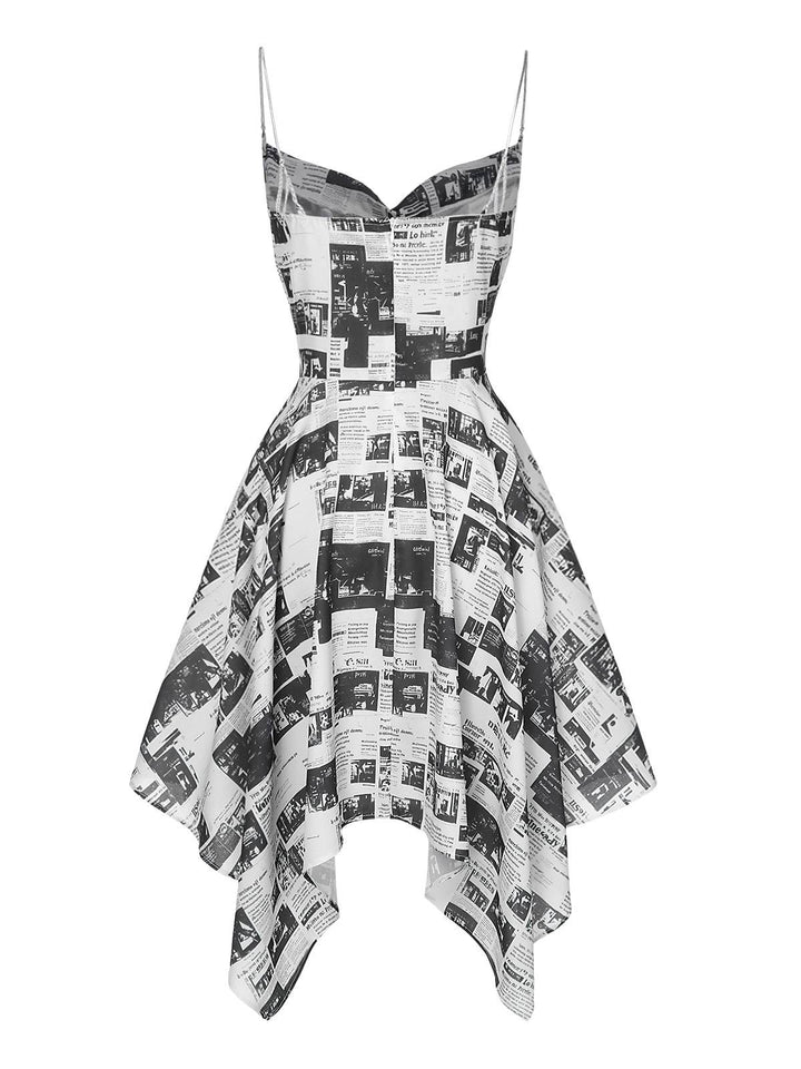 Gray 1970s Spaghetti Straps Cowl Neck Newspaper Dress, vintage dress, retro fashion - perfect for women who love vintage and retro fashion