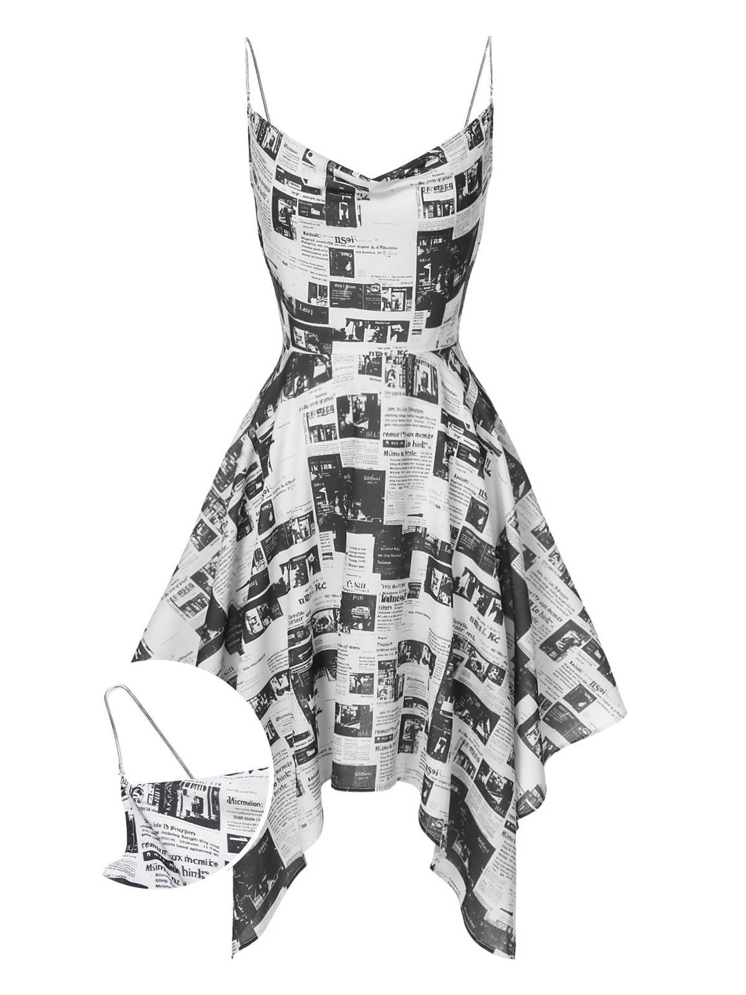 She slips into this Gray 1970s Spaghetti Straps Cowl Neck Newspaper Dress and suddenly it&