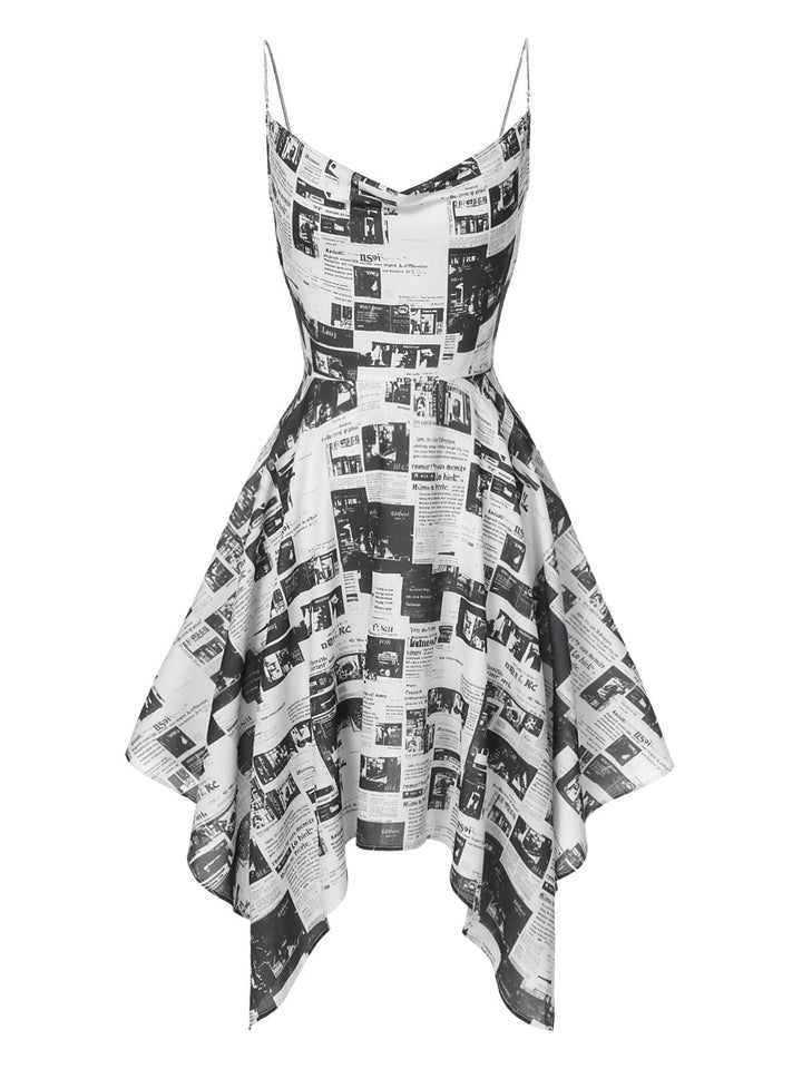 Gray 1970s Spaghetti Straps Cowl Neck Newspaper Dress, vintage dress, retro fashion - perfect for women who love vintage and retro fashion
