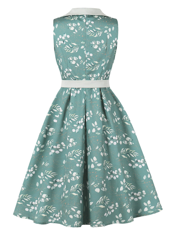 Gray Green 1950s Floral V Neck Belted Dress 4