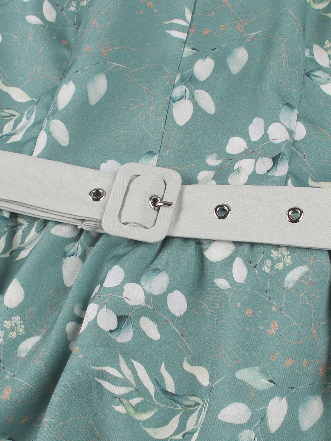Gray Green 1950s Floral V Neck Belted Dress 6