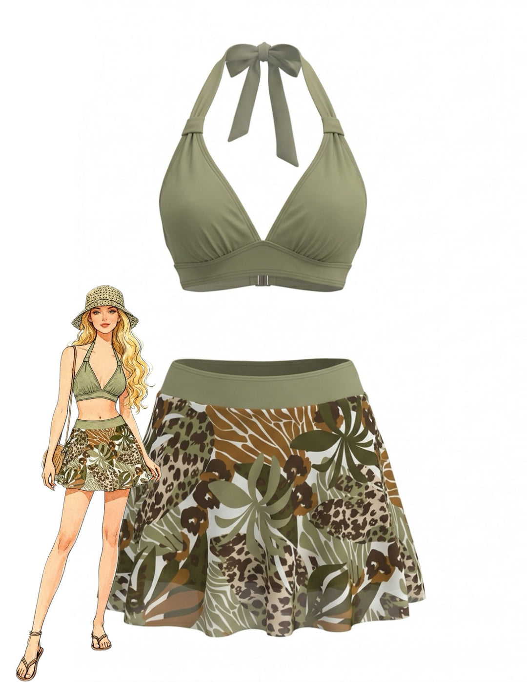 Gray Green Tropical Leopard Halter Tie Skirted Bikini Set, vintage skirt, retro style - perfect for women who love vintage and retro fashion