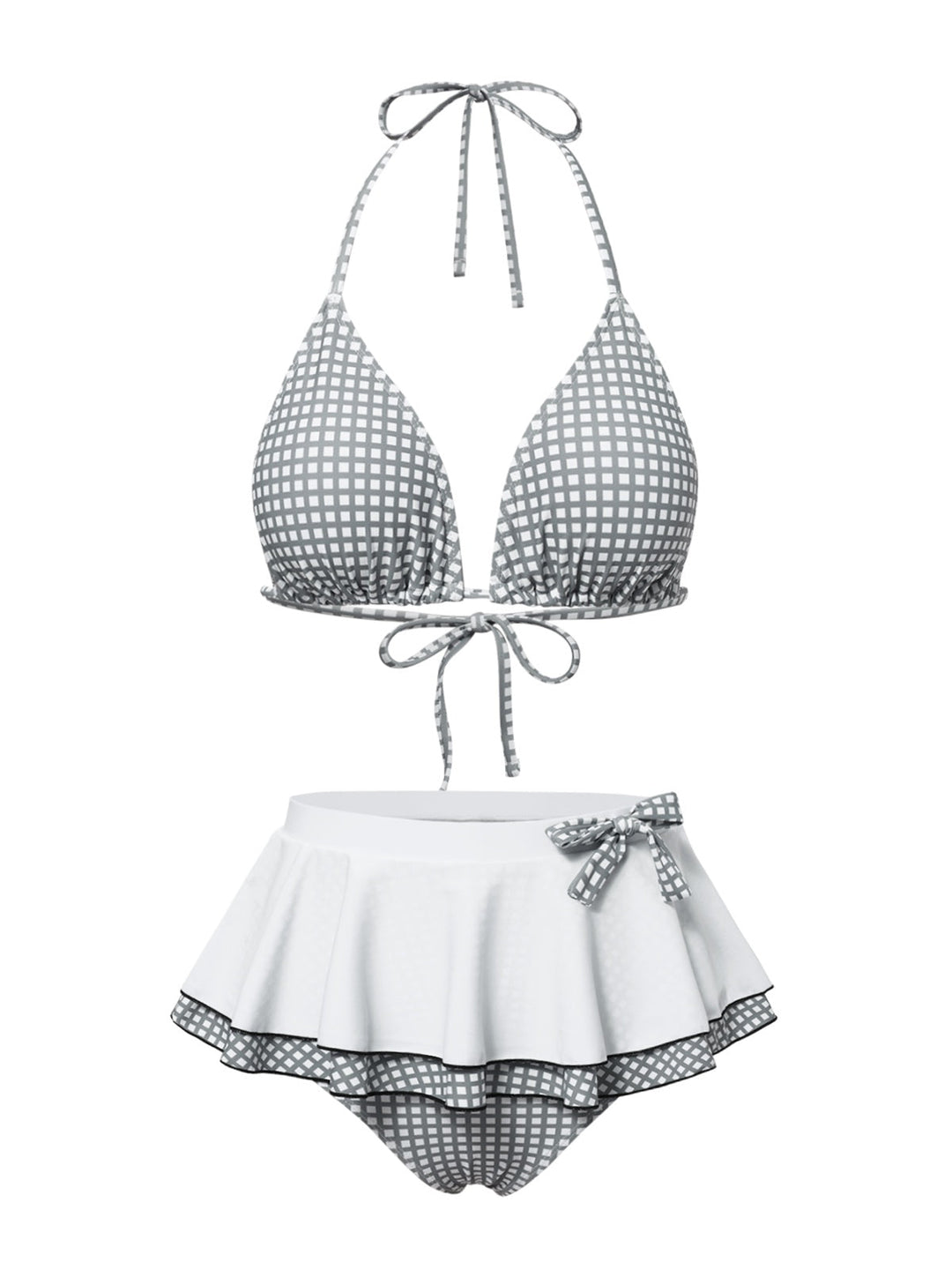 Gray &amp; White 1940s Gingham Plaid Bow Halter Swimsuit: 1940s Riviera elegance, reimagined for her