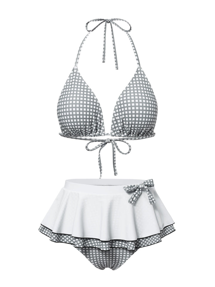 Gray &amp; White 1940s Gingham Plaid Bow Halter Swimsuit: 1940s Riviera elegance, reimagined for her