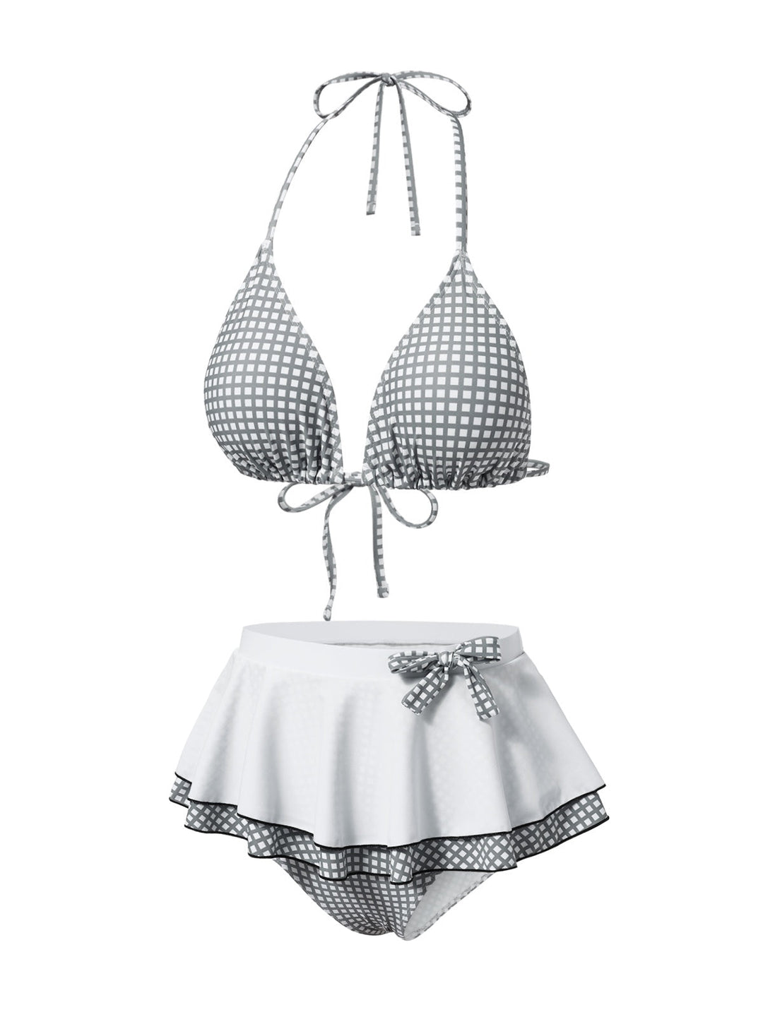 This Gray &amp; White 1940s Gingham Plaid Bow Halter Swimsuit carries 1940s vacation dreams in every stitch