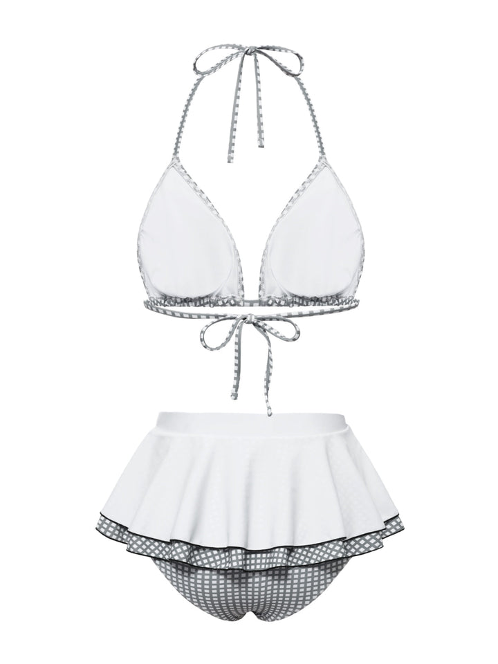 Gray &amp; White 1940s Gingham Plaid Bow Halter Swimsuit — because 1940s glamour never goes out of style