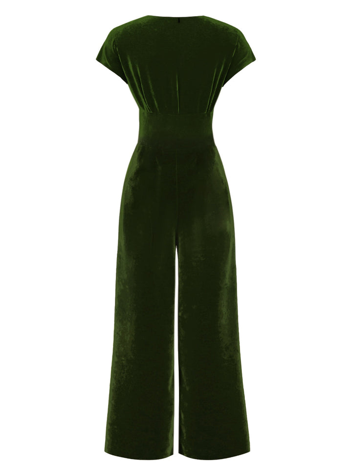 Green 1930s Buttoned V-Neck Velvet Jumpsuit, vintage romper, retro jumpsuit - perfect for women who love vintage and retro fashion