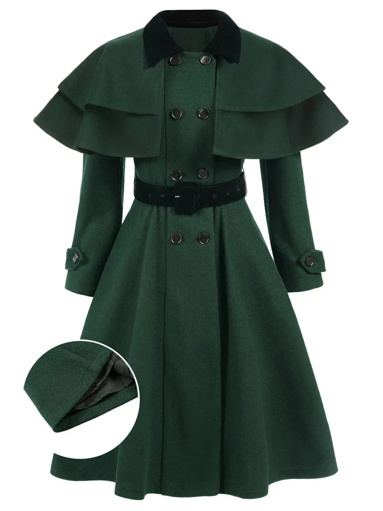 Green 1930s Double-Breasted Belted Coat With Cape - vintage fashion, style