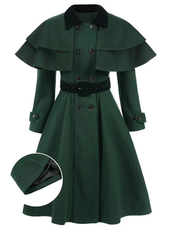 Green 1930s Double-Breasted Belted Coat With Cape - vintage fashion, style