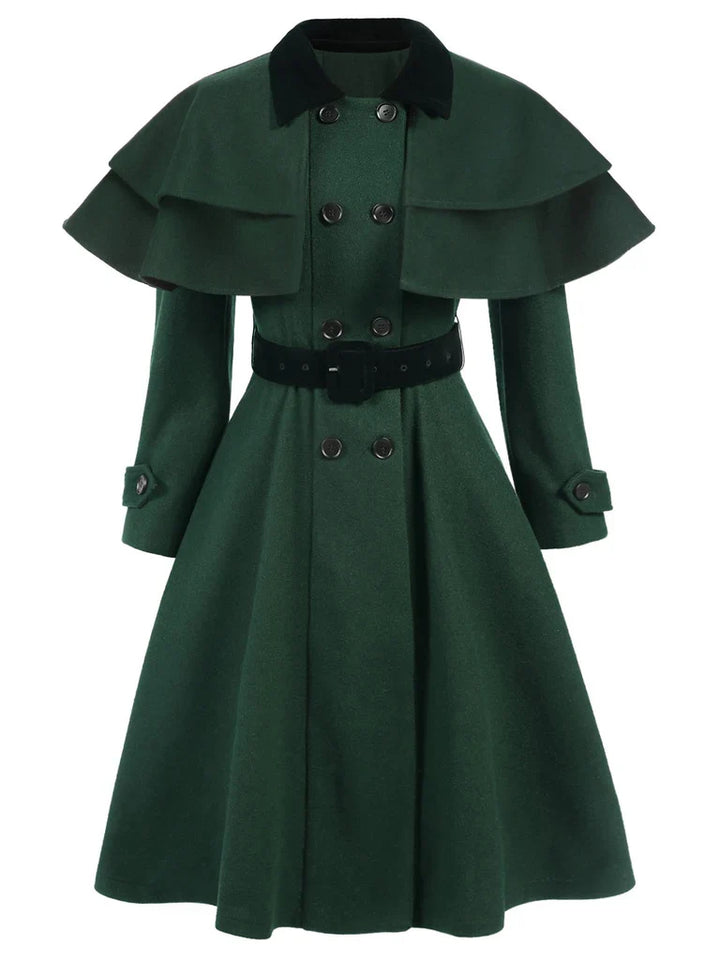 Green 1930s Double-Breasted Belted Coat With Cape - vintage fashion, style