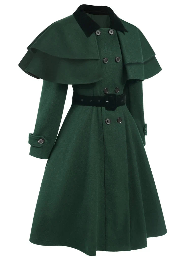 Green 1930s Double-Breasted Belted Coat With Cape - vintage fashion, style
