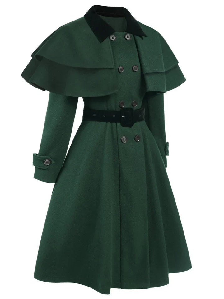 Green 1930s Double-Breasted Belted Coat With Cape - vintage fashion, style