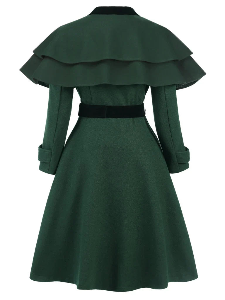 Green 1930s Double-Breasted Belted Coat With Cape - vintage fashion, style