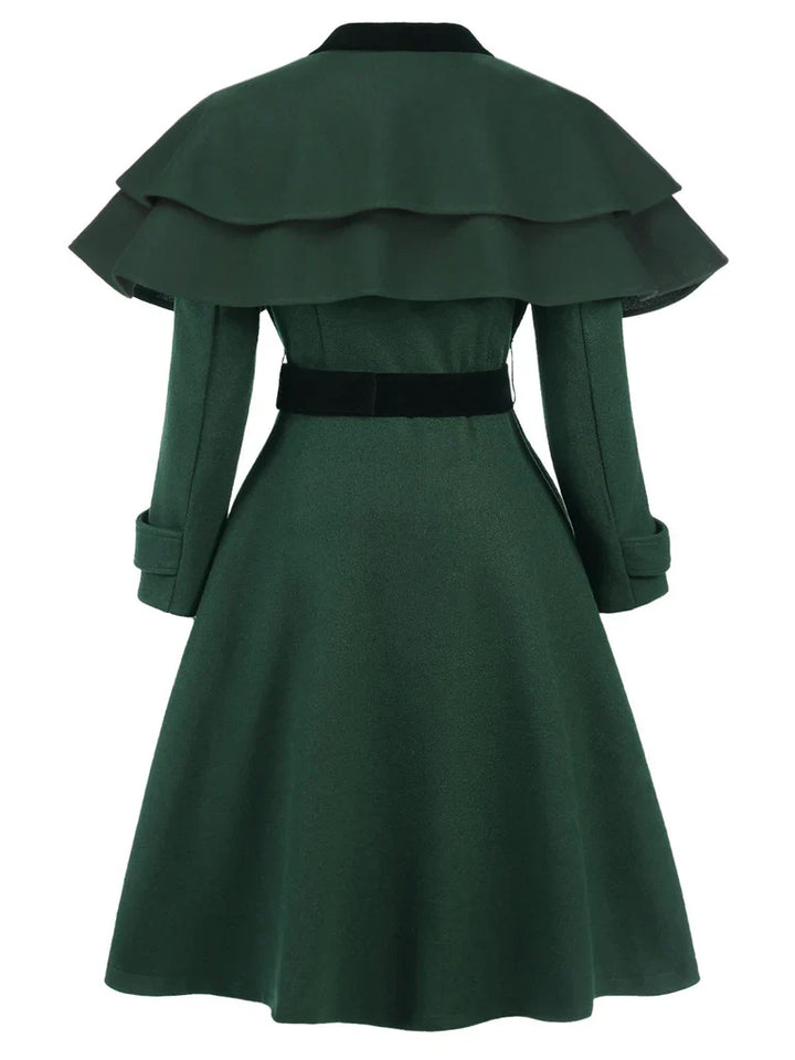 Green 1930s Double-Breasted Belted Coat With Cape - vintage fashion, style
