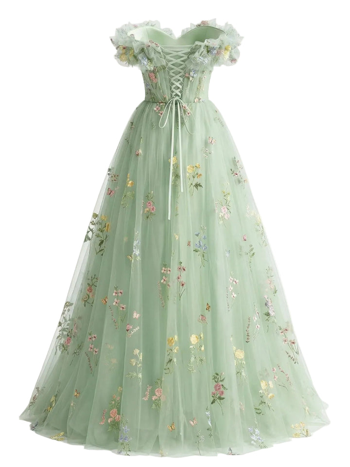 Green 1930s Floral Embroidered Mesh Strapless Dress | vintage dress, retro fashion, elegant style - perfect for retro fashion enthusiasts