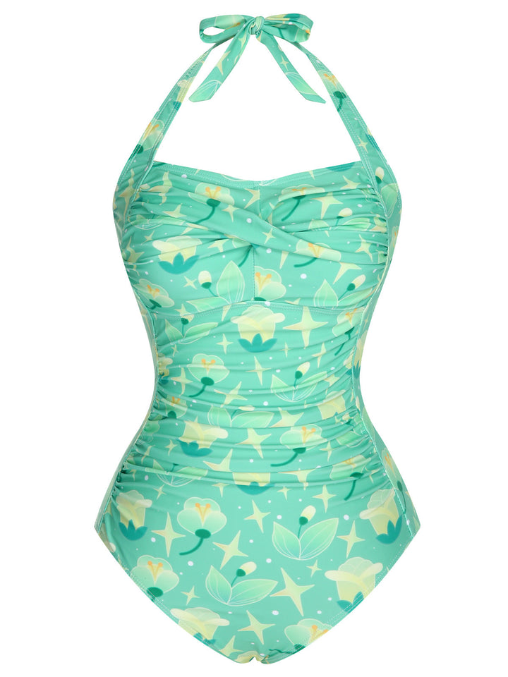 Green 1930s Halter Plants Print One-Piece Swimsuit, vintage swimsuit, pin-up swimwear - perfect for women who love vintage and retro fashion
