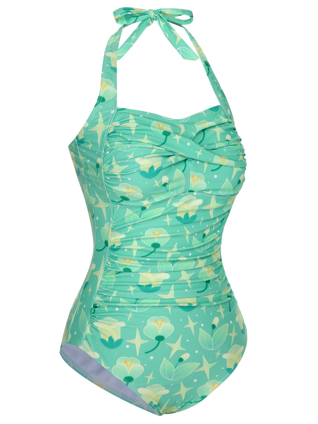 Green 1930s Halter Plants Print One-Piece Swimsuit, vintage swimsuit, pin-up swimwear - perfect for women who love vintage and retro fashion