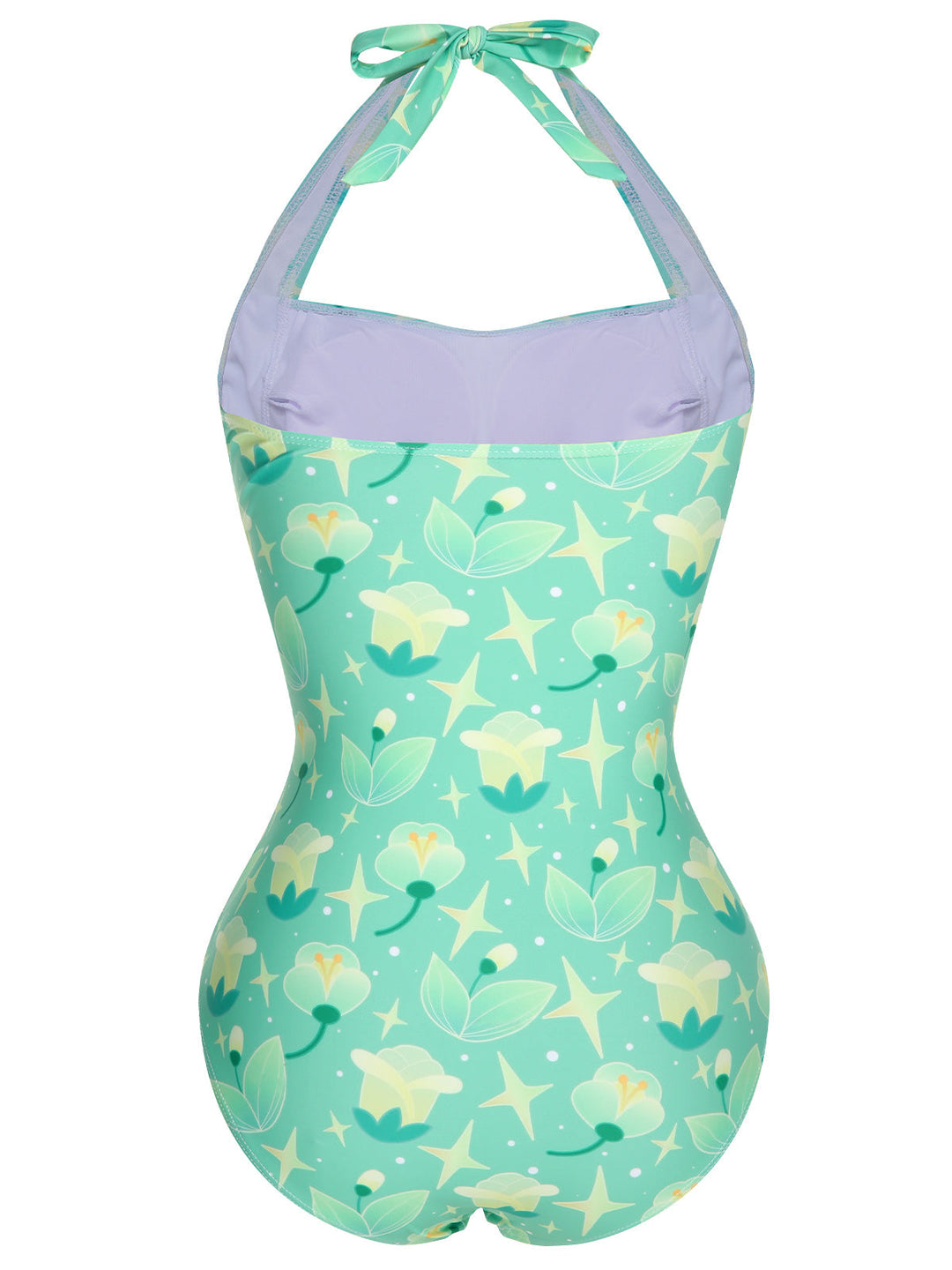 Green 1930s Halter Plants Print One-Piece Swimsuit, vintage swimsuit, pin-up swimwear - perfect for women who love vintage and retro fashion