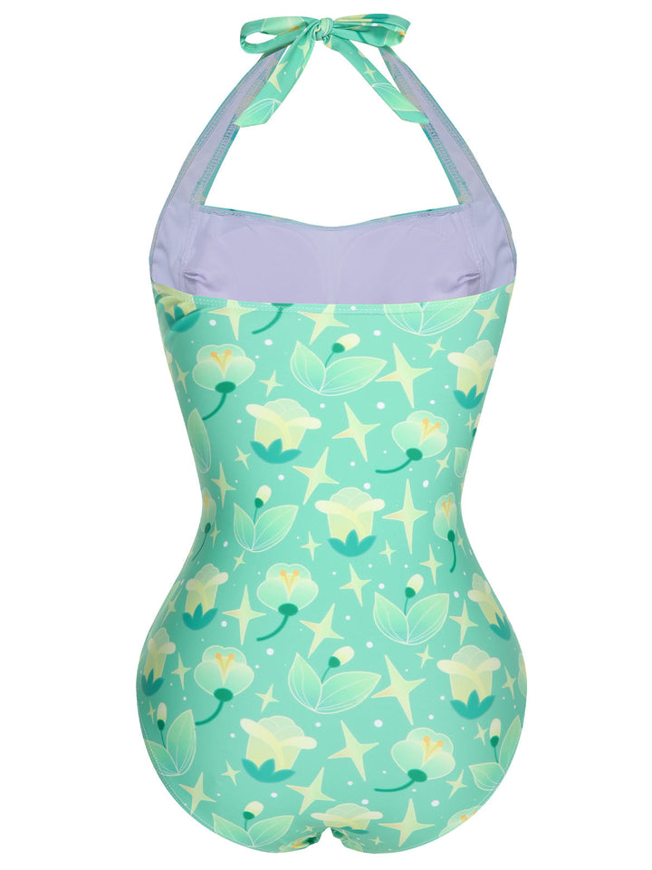 Green 1930s Halter Plants Print One-Piece Swimsuit, vintage swimsuit, pin-up swimwear - perfect for women who love vintage and retro fashion