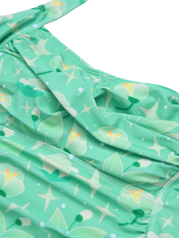Green 1930s Halter Plants Print One-Piece Swimsuit, vintage swimsuit, pin-up swimwear - perfect for women who love vintage and retro fashion