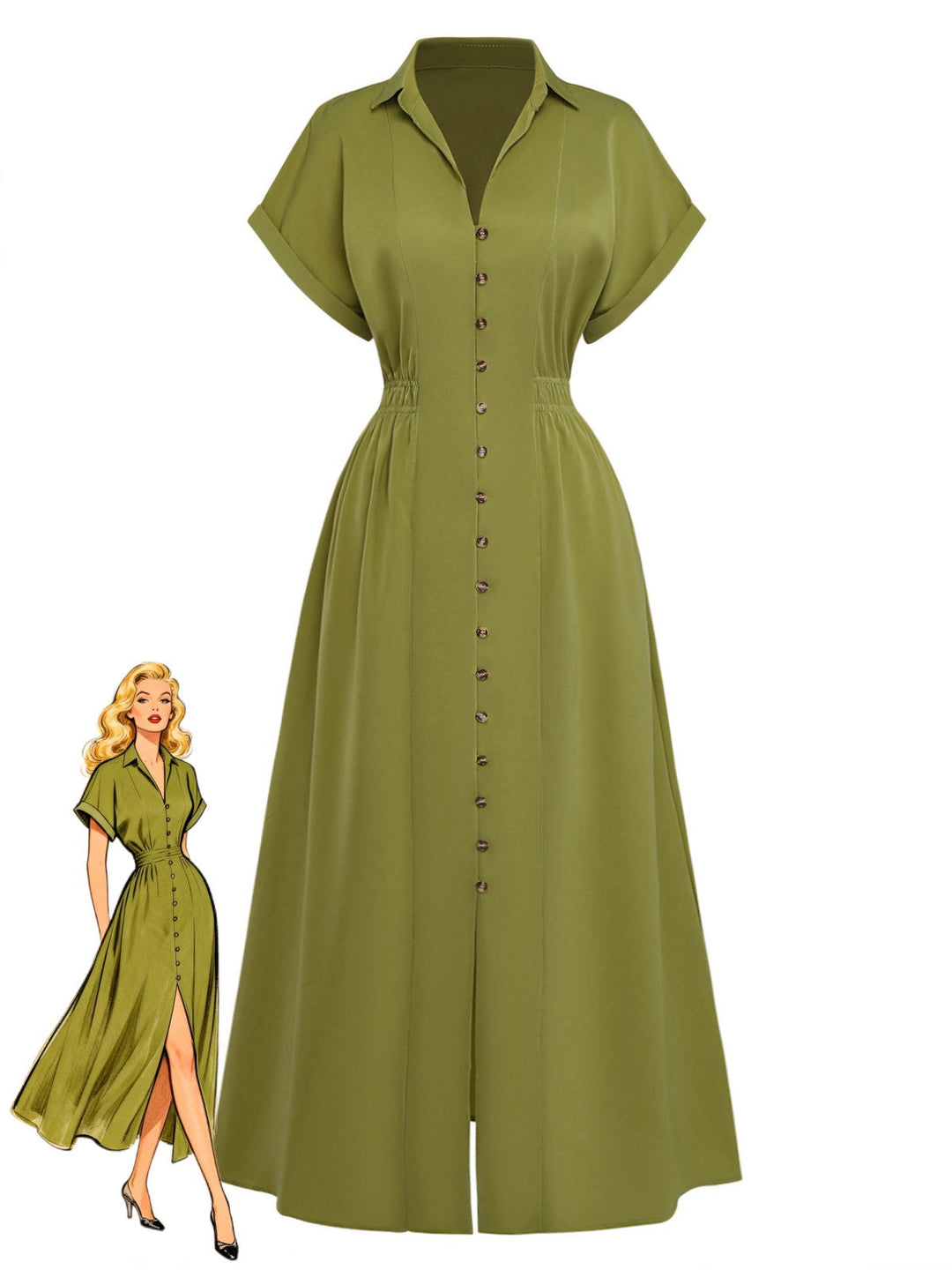 Green 1930s Lapel Single-Breasted Slit Shirt Dress - vintage dress, retro fashion