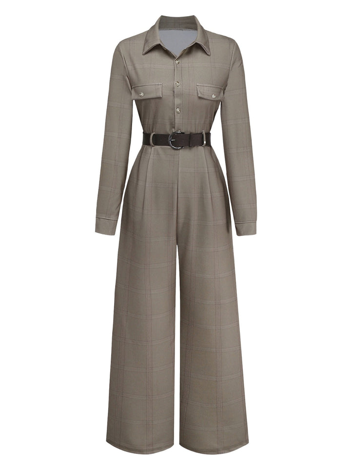Green 1930s Plaid Lapel Belted Jumpsuit - vintage jumpsuit, retro fashion