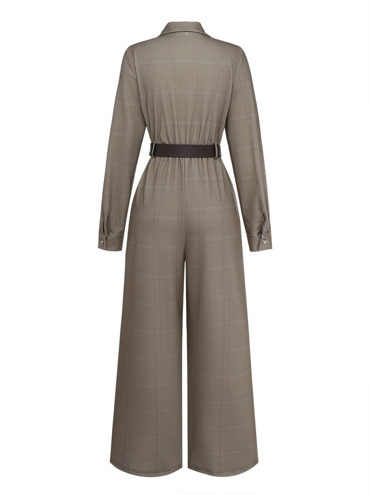 Green 1930s Plaid Lapel Belted Jumpsuit - vintage jumpsuit, retro fashion
