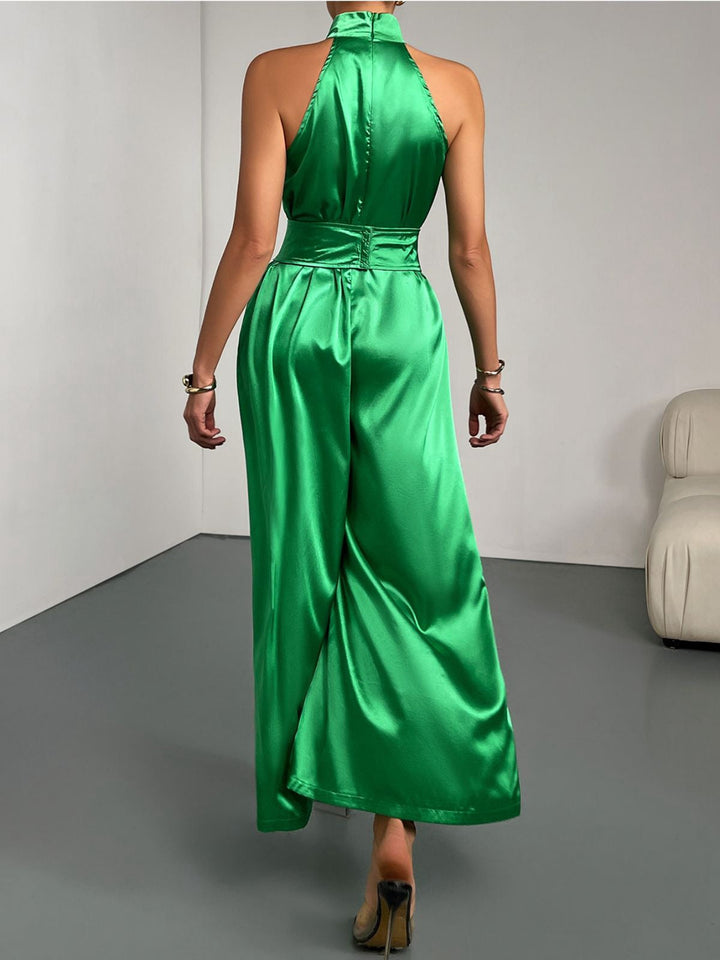 Green 1930s Satin Stand Collar Wideleg Jumpsuit - vintage jumpsuit, retro fashion