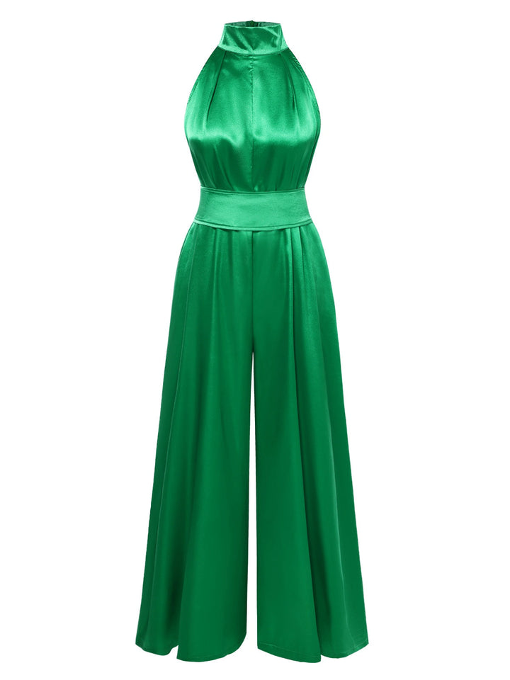 Green 1930s Satin Stand Collar Wideleg Jumpsuit, vintage romper, retro jumpsuit - perfect for women who love vintage and retro fashion
