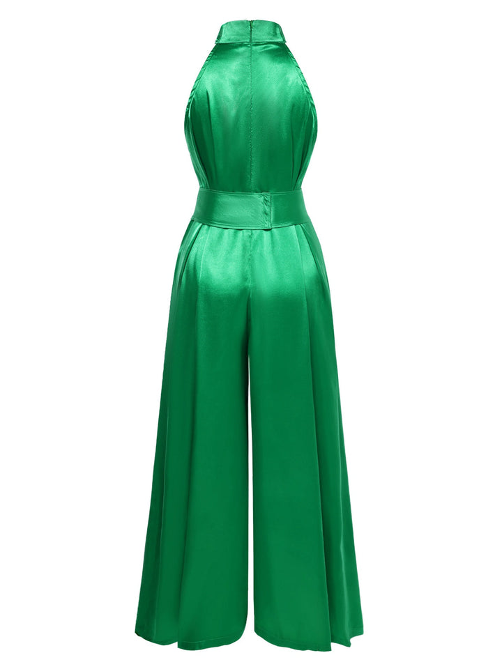 Green 1930s Satin Stand Collar Wideleg Jumpsuit, vintage romper, retro jumpsuit - perfect for women who love vintage and retro fashion