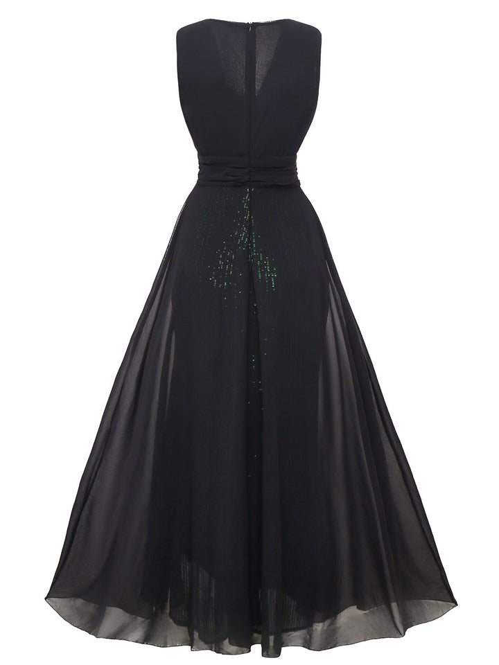 Green 1930s Sequin Deep V Tulle Sleeveless Dress - vintage dress, retro fashion
