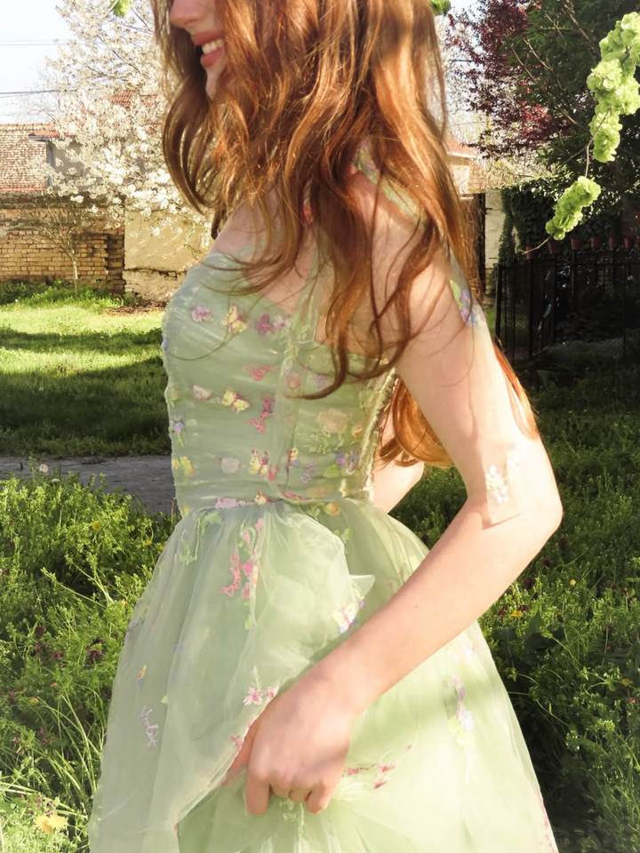 Green 1930s Shoulder Tie Embroidered Floral Mesh Dress, vintage dress, retro fashion, floral print - perfect for women who love vintage and retro fashion