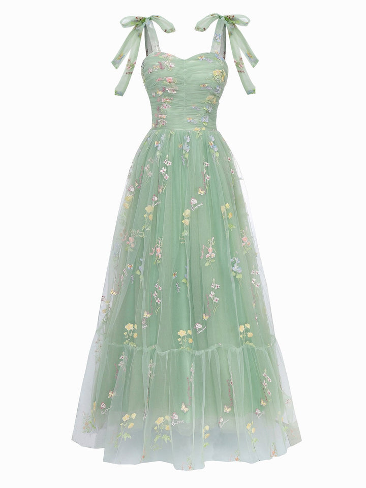 Green 1930s Shoulder Tie Embroidered Floral Mesh Dress, vintage dress, retro fashion, floral print - perfect for women who love vintage and retro fashion