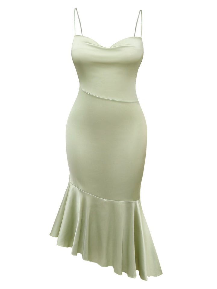 Green 1930s Solid Cowl Neck Ruffled Mermaid Dress - vintage dress, retro fashion