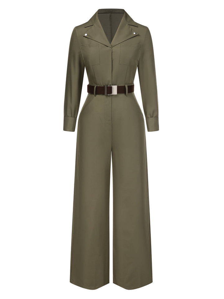 Green 1930s Solid Lapel Belted Jumpsuit, vintage romper, retro jumpsuit - perfect for women who love vintage and retro fashion