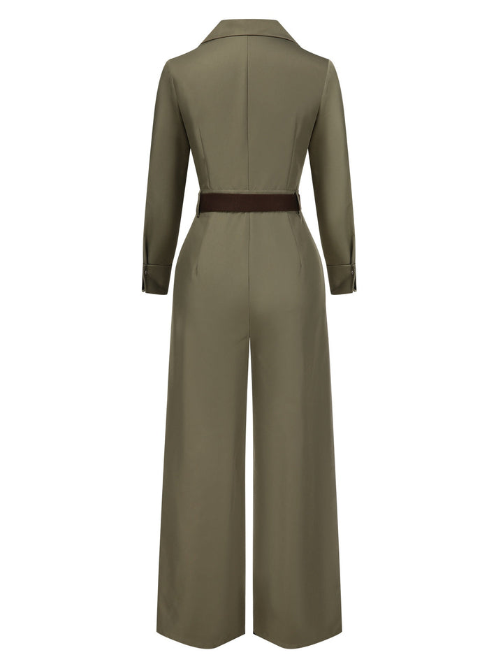 Green 1930s Solid Lapel Belted Jumpsuit, vintage romper, retro jumpsuit - perfect for women who love vintage and retro fashion