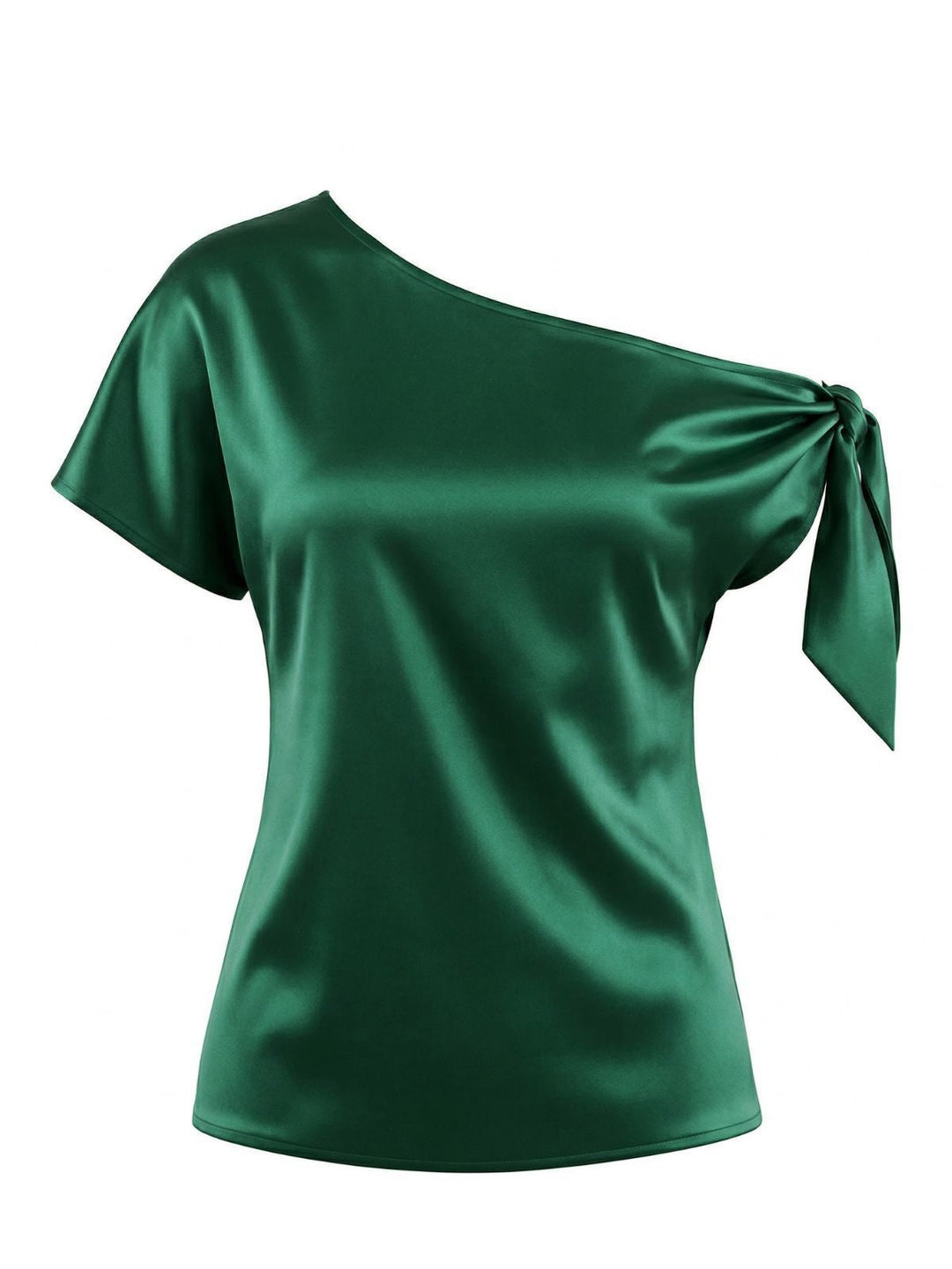 Green 1930s Solid Satin One-Shoulder Tie Knot Top - vintage blouse, retro top, classic style for vintage lovers