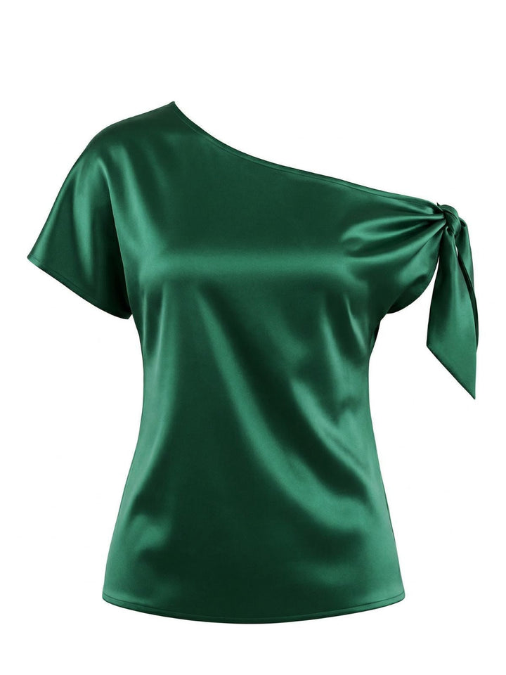 Green 1930s Solid Satin One-Shoulder Tie Knot Top - vintage blouse, retro top, classic style for vintage lovers